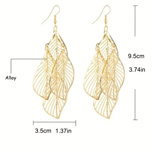 Gold Leaf Shape Drop Dangle Earrings - Picture 4 of 4